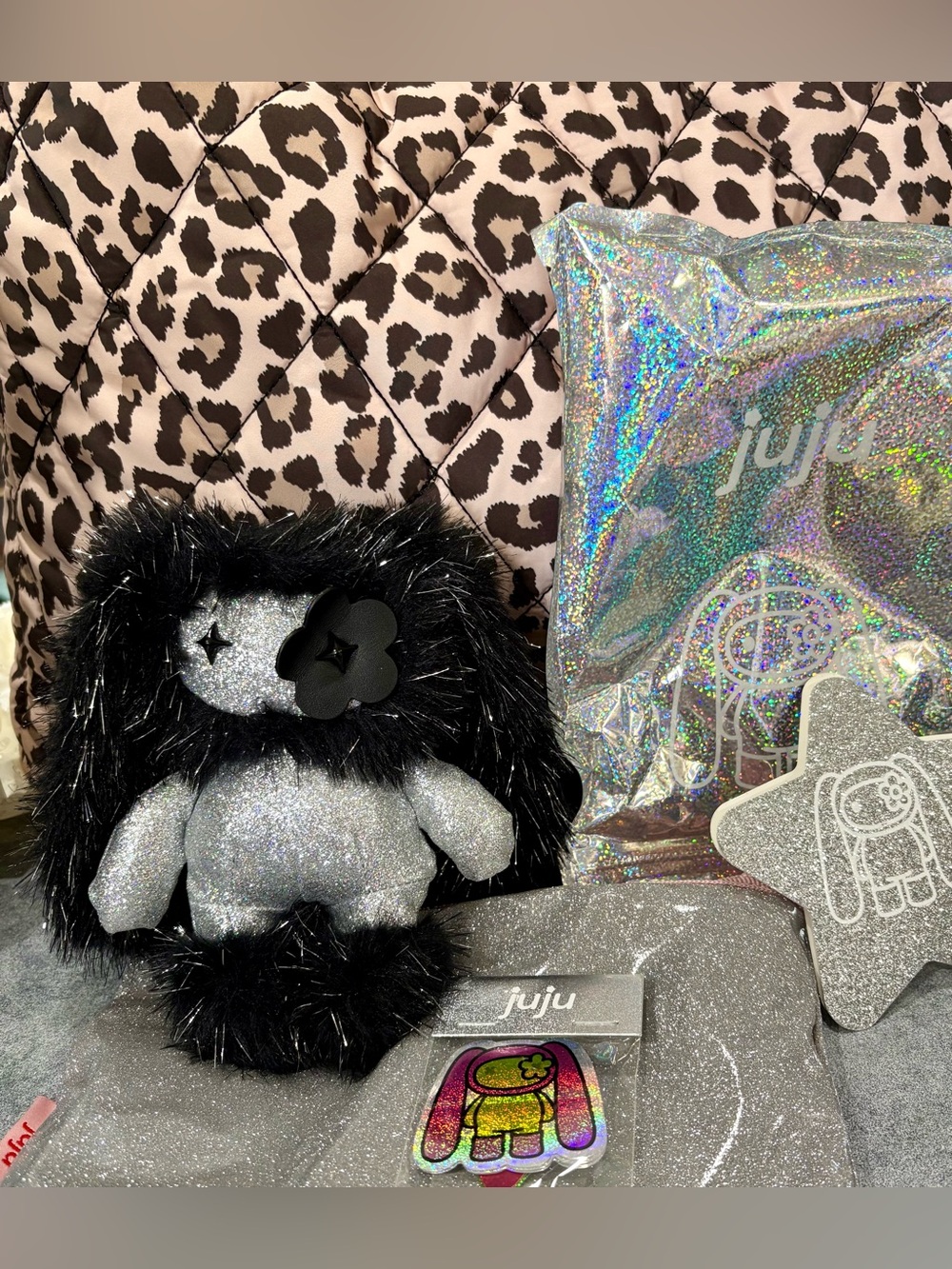 JuJu Silver Glitter Plush Character with Black Faux Fur Trim
